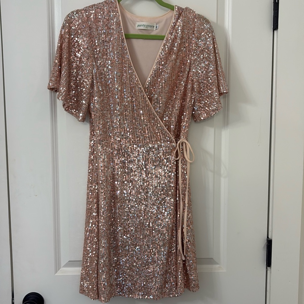 Champagne Rose Gold Sequin Wrap Cocktail Dress Medium